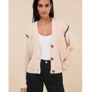 Lulus Cabin Cues Cream Embroidered Cardigan Chunky Knit V-Neck Button Front M